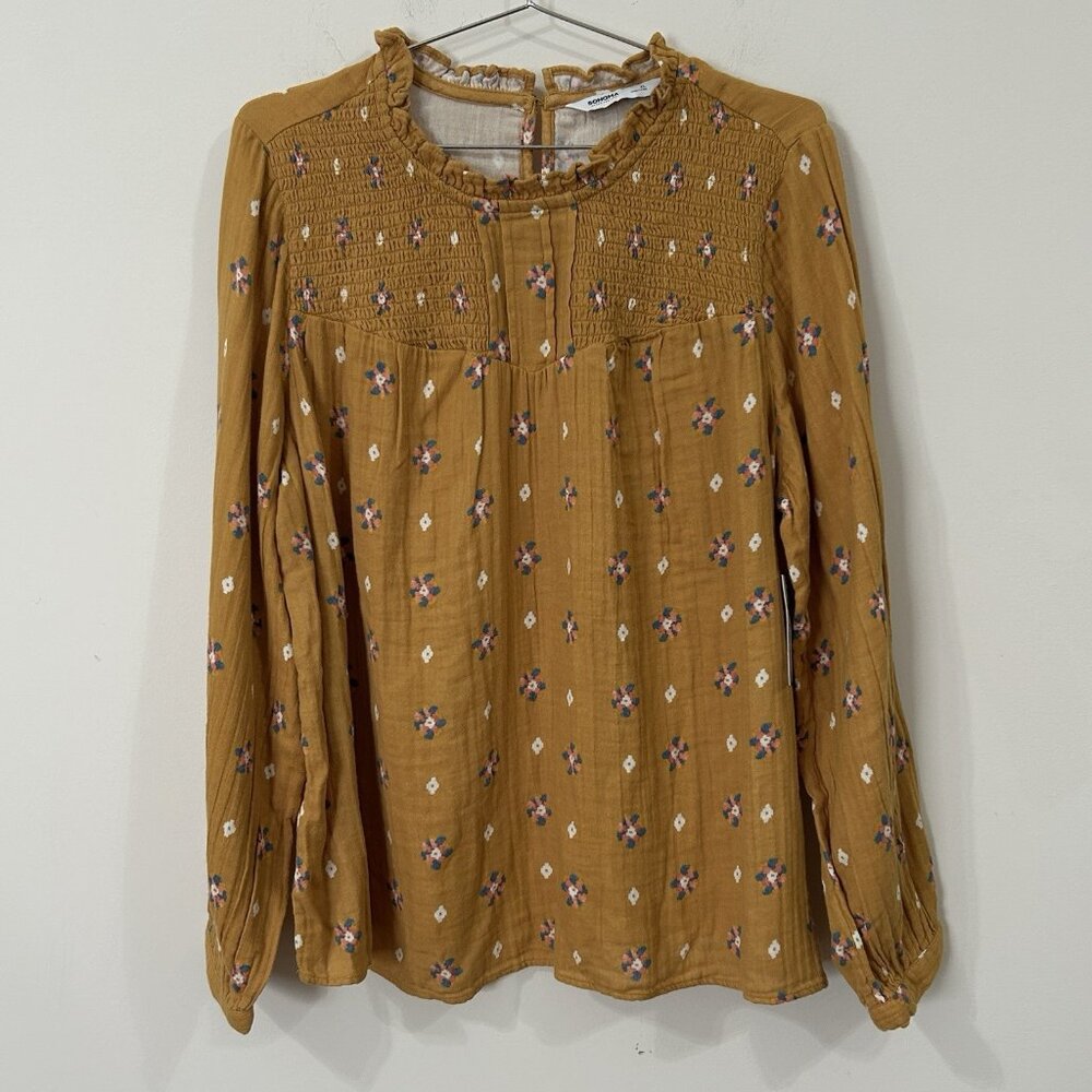NEW SONOMA Womens XL LS Peasant Floral Cottagecore Blouse Mustard Cotton Top